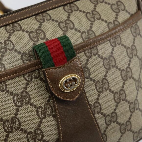 GUCCI GG Canvas Web Sherry Line Shoulder Bag PVC Leather Beige Red Auth 146151 - Picture 10 of 16